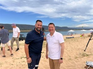 Emmanuel with the minister Traffic supervisor beside the Minister for Planning and Public Spaces during the setup of Penrith Beach pedestrian flow operations