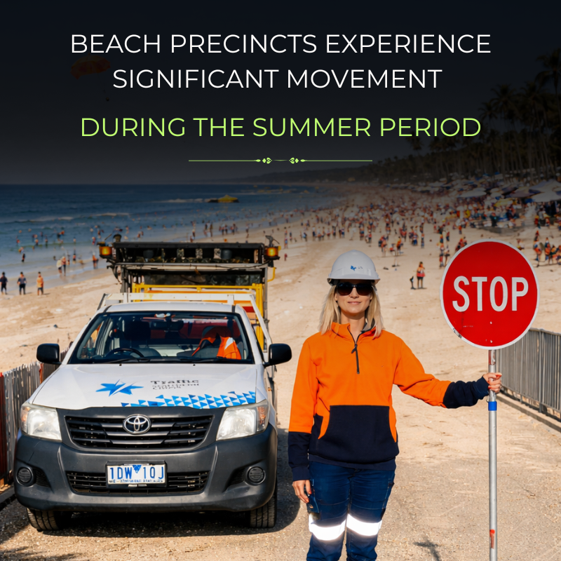 Southern Cross Pacific traffic management team supporting safe vehicle and pedestrian movement in high volume beach precincts during the peak summer period.