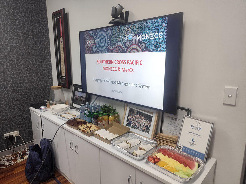 Presentation screen displaying Southern Cross Pacific, Monecc and MerCs energy monitoring and management system introduction.